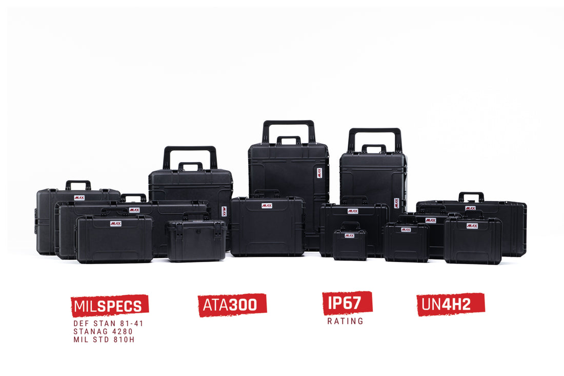 MAX case range by Panaro with IP67, MIL-STD-810, ATA 300, STANAG 4280 and UN 4H2 certification badges